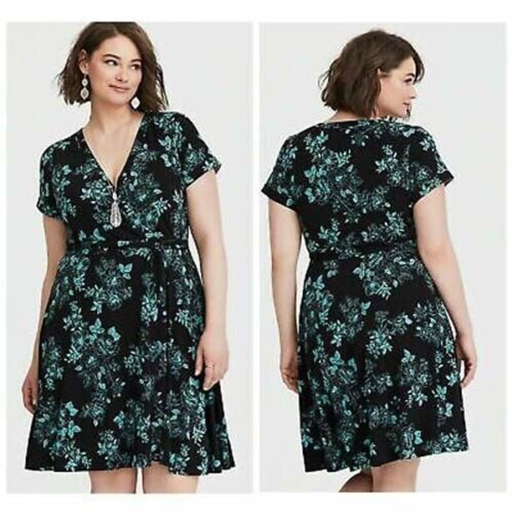 Torrid Women's Plus Size 1 Black Teal Floral Knit Faux Wrap Dress